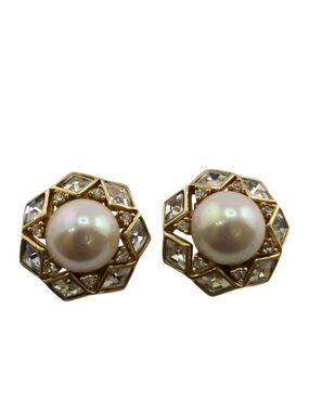 Vintage Spectacular 80s Christian Dior Pearl and Rhinestone Clip Earrings (A9164